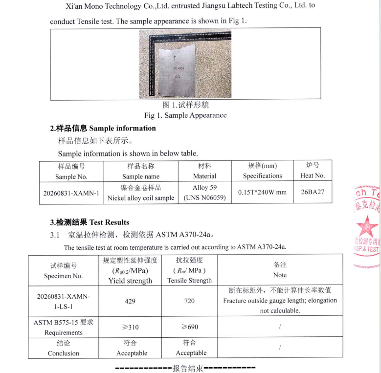 Alloy59 strip physical strength